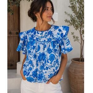 NEW Versona Blue Floral Blouse Medium Boho Ruffle Sleeve Summer Lightweight